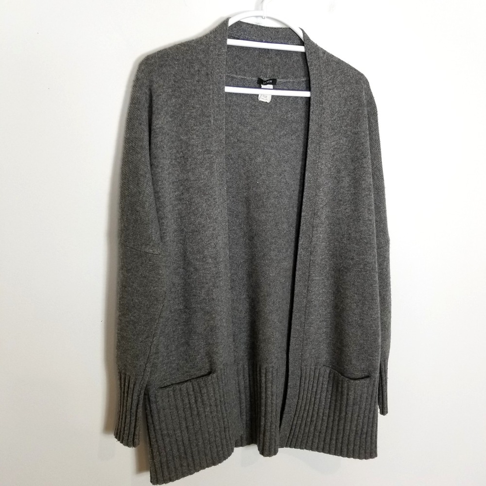 J.Crew Women Wool Cashmere Open Front Cardigan Sweater Sz S Gray Pockets Classic
